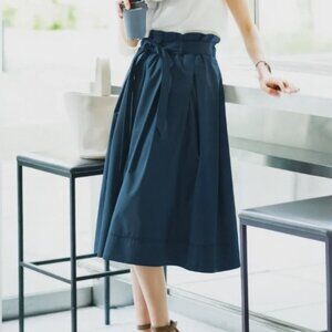 Uniqlo Navy Midi Skirt Matching Belt Neutral Paper Bag Waist Classic Fem Size